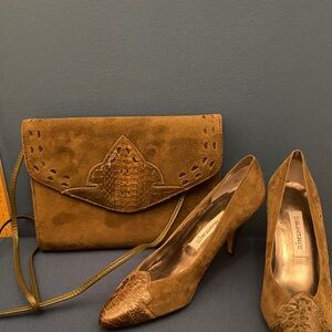 Vintage Sage Green Suede Clutch and Heels Set